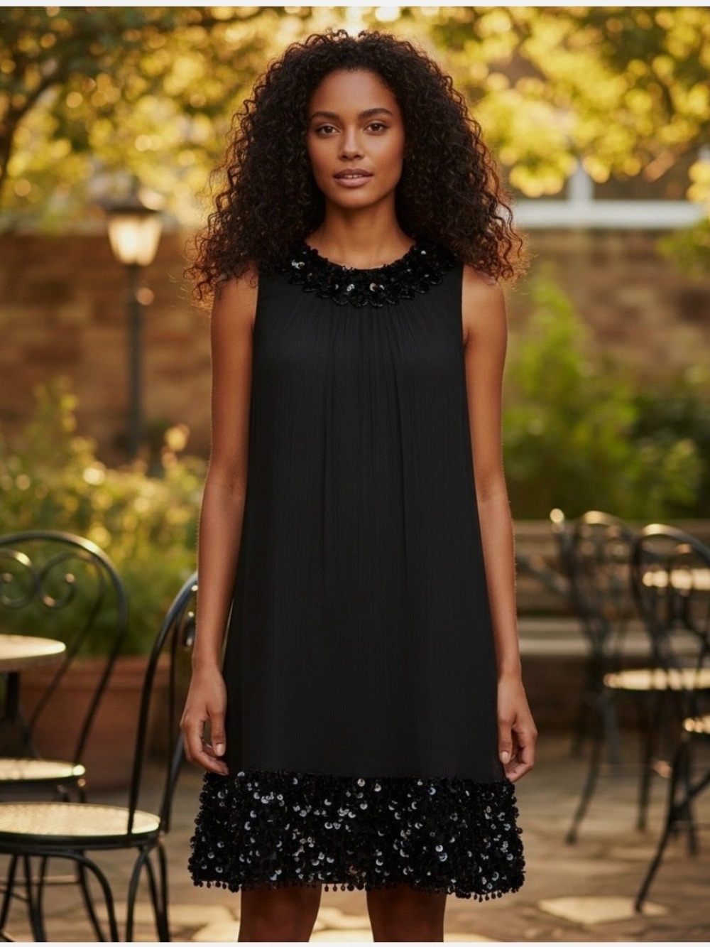 Betsey Johnson Black Sleeveless Silk Mini Shift Dress with Sequin Trim